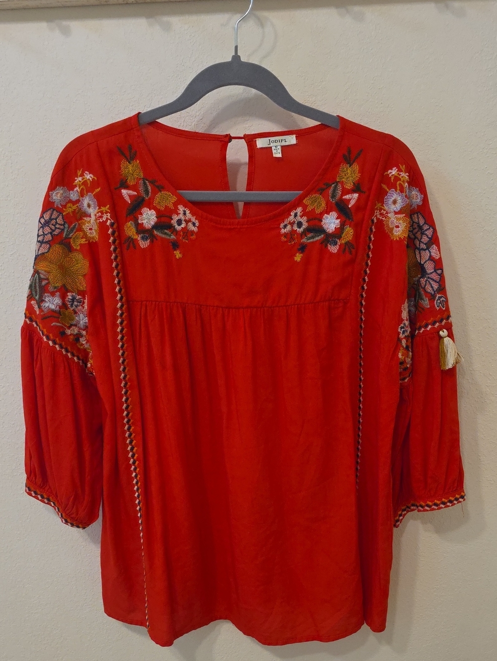 JODIFL Red Embroidered Boho Peasant Top